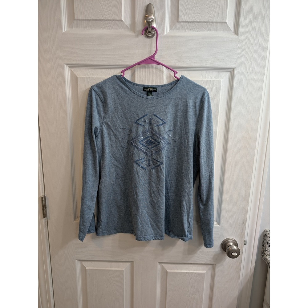 Lauren Ralph Lauren Blue Southwestern Beaded Sequin Long Sleeve Tee - Sizeโ L